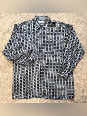 VTG Stock Options 100% Silk Shirt XL Blue Geometric Retro 90s Style Button Up